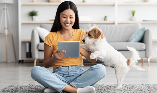 Small dog and Woman sitting on floor while using tablet